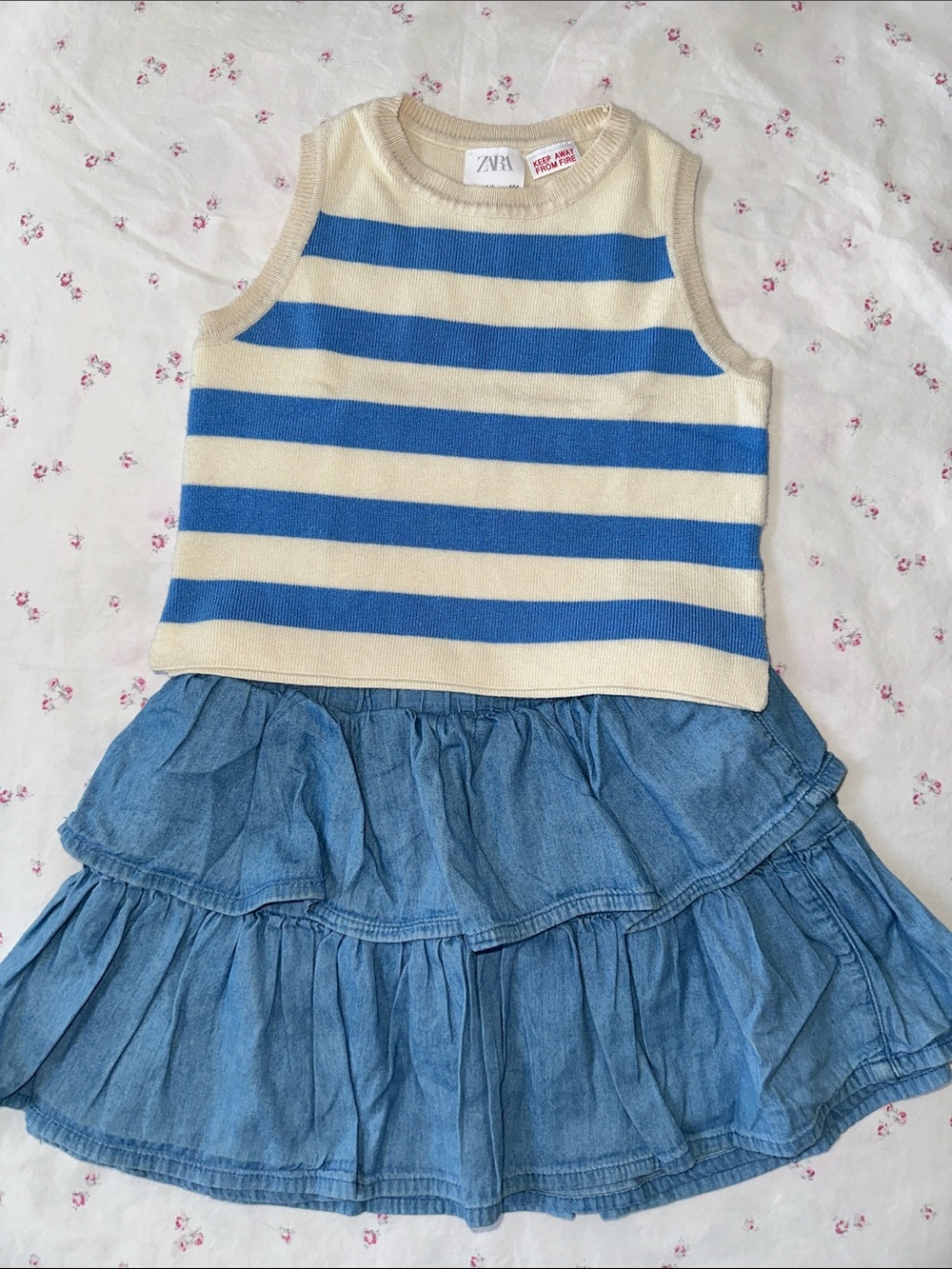 Zara Girl’s Striped Sweater Tank Top/ Vest And Tiered Chambray Skirt Set